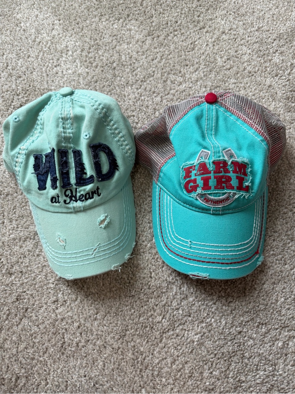 Turquoise 'Wild at Heart' & 'Farm Girl' Distressed Caps - Bundle of 2
